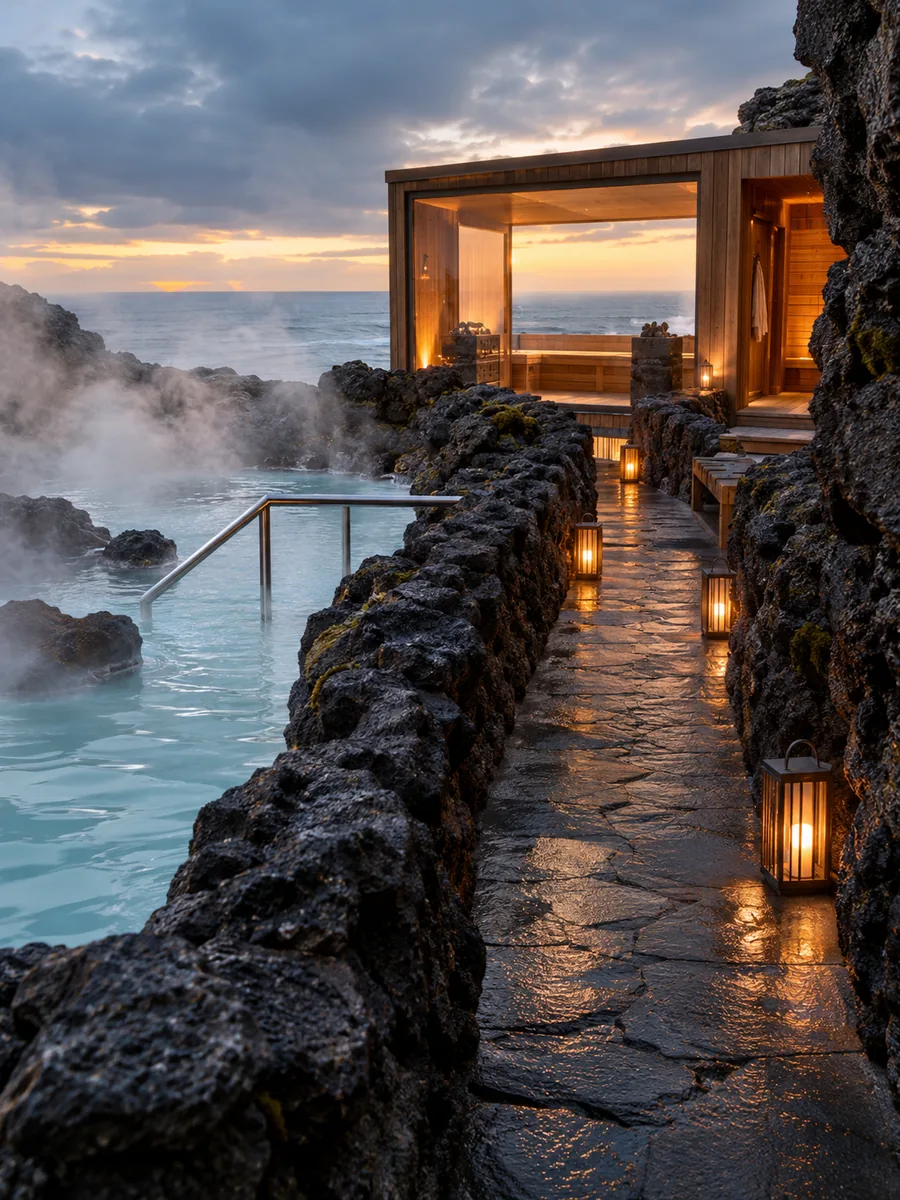 Un passaggio in pietra che porta da una vasca fumante a una sauna in legno con un'ampia vetrata sull'oceano