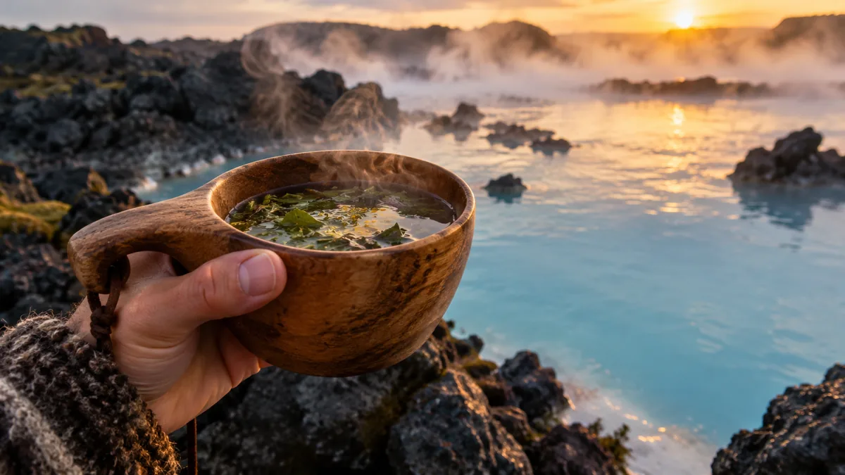 A hand holding a small wooden cup of dark berry elixir by the lagoon